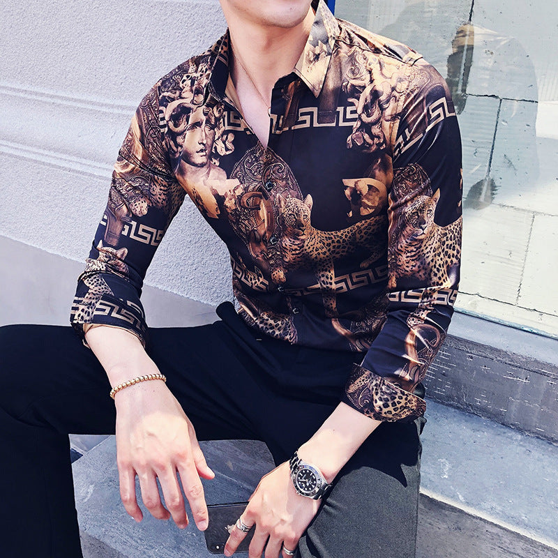 Printed long-sleeved shirt Korean fashion slim fit