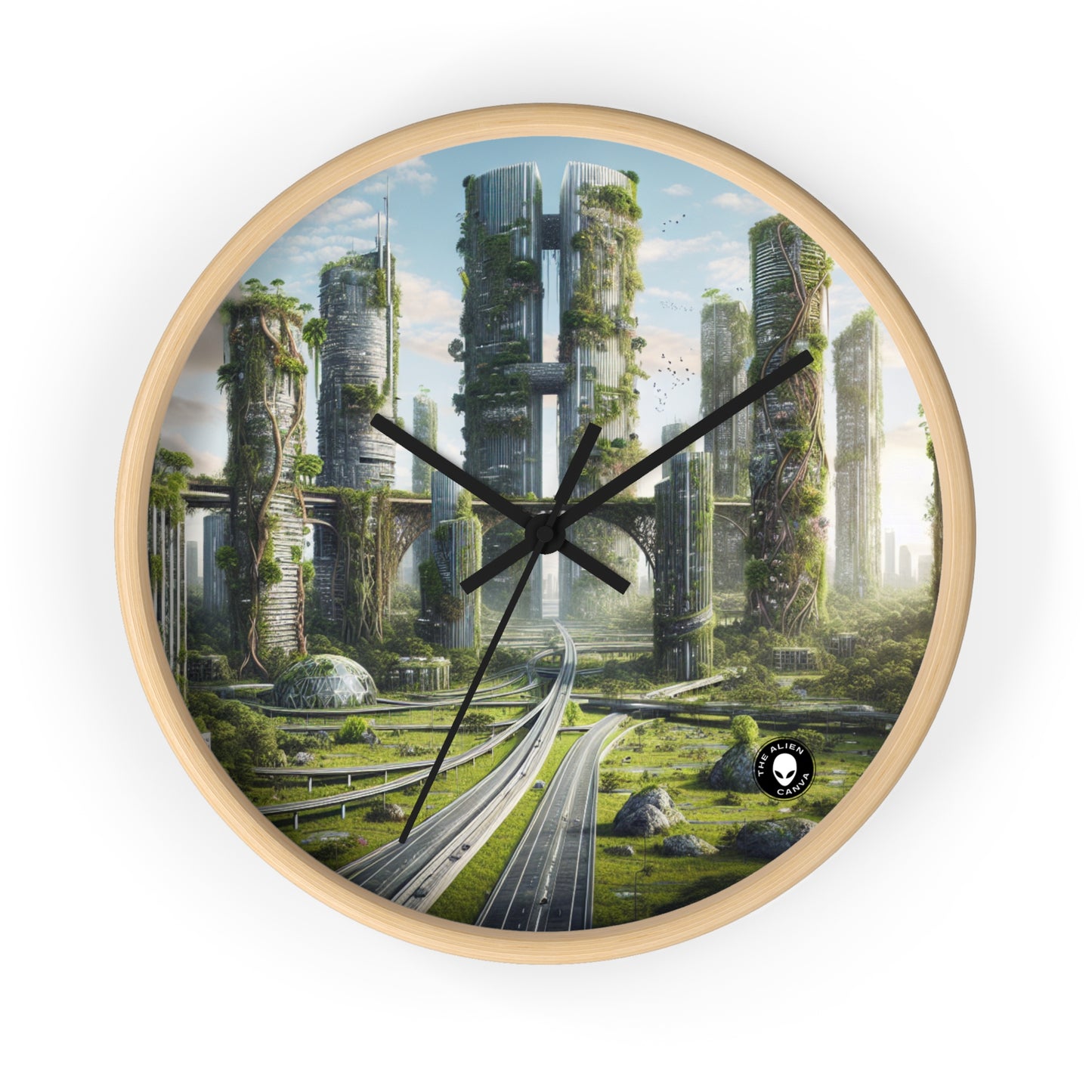 "La recuperación de la naturaleza: un paisaje urbano futurista" - El reloj de pared alienígena