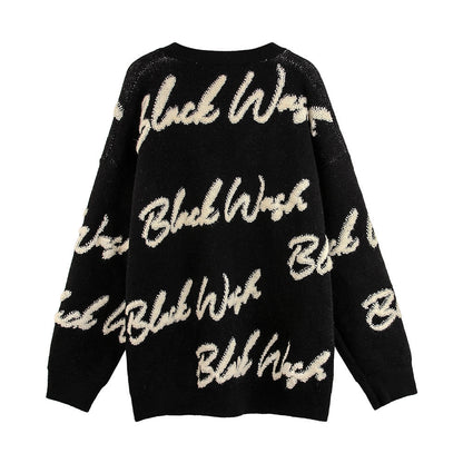 Over Printed Letters Flocking Embroidery V-neck Knitted Cardigan