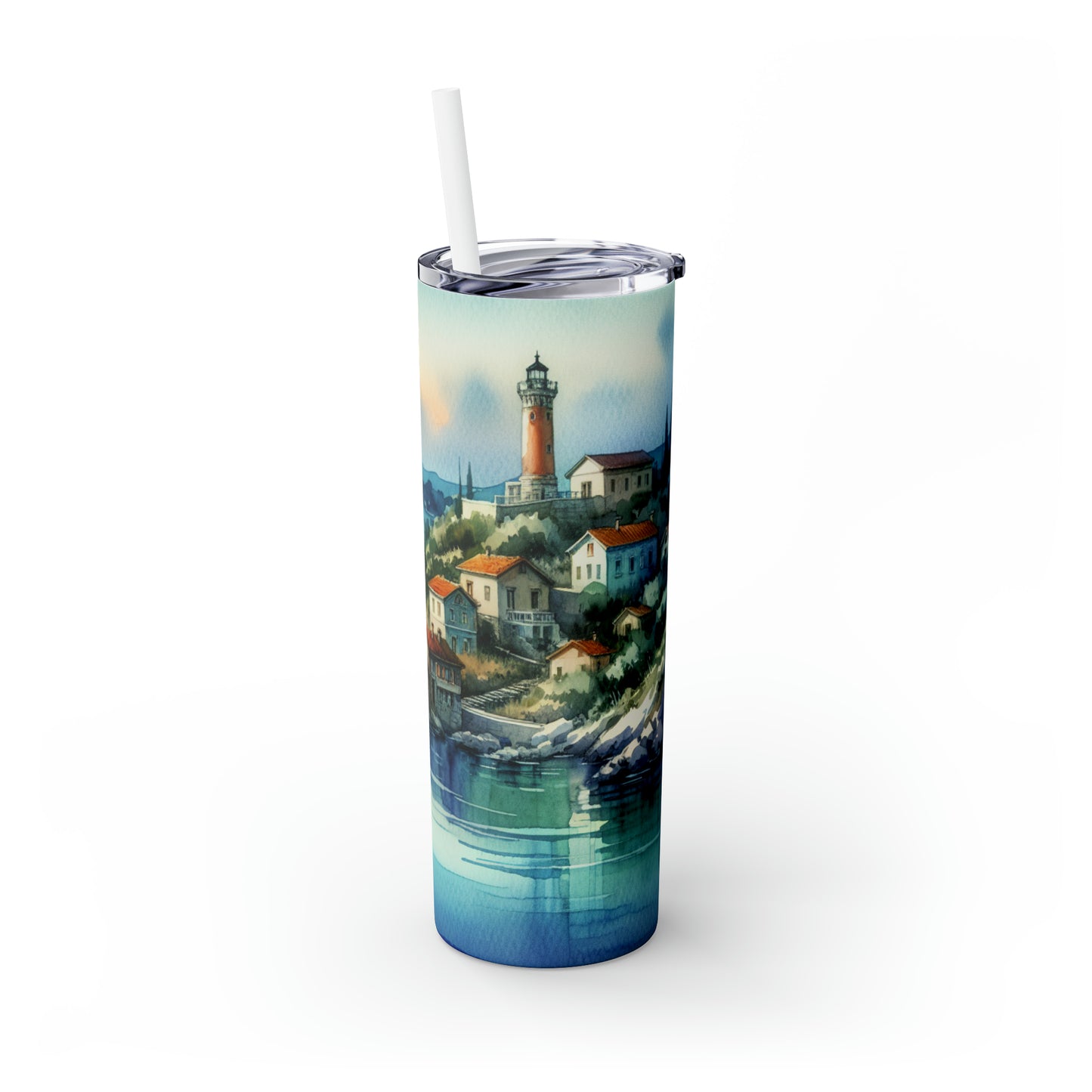 « Aperçu d'un havre de bord de mer » - The Alien Maars® Skinny Tumbler avec paille 20oz Style de peinture à l'aquarelle