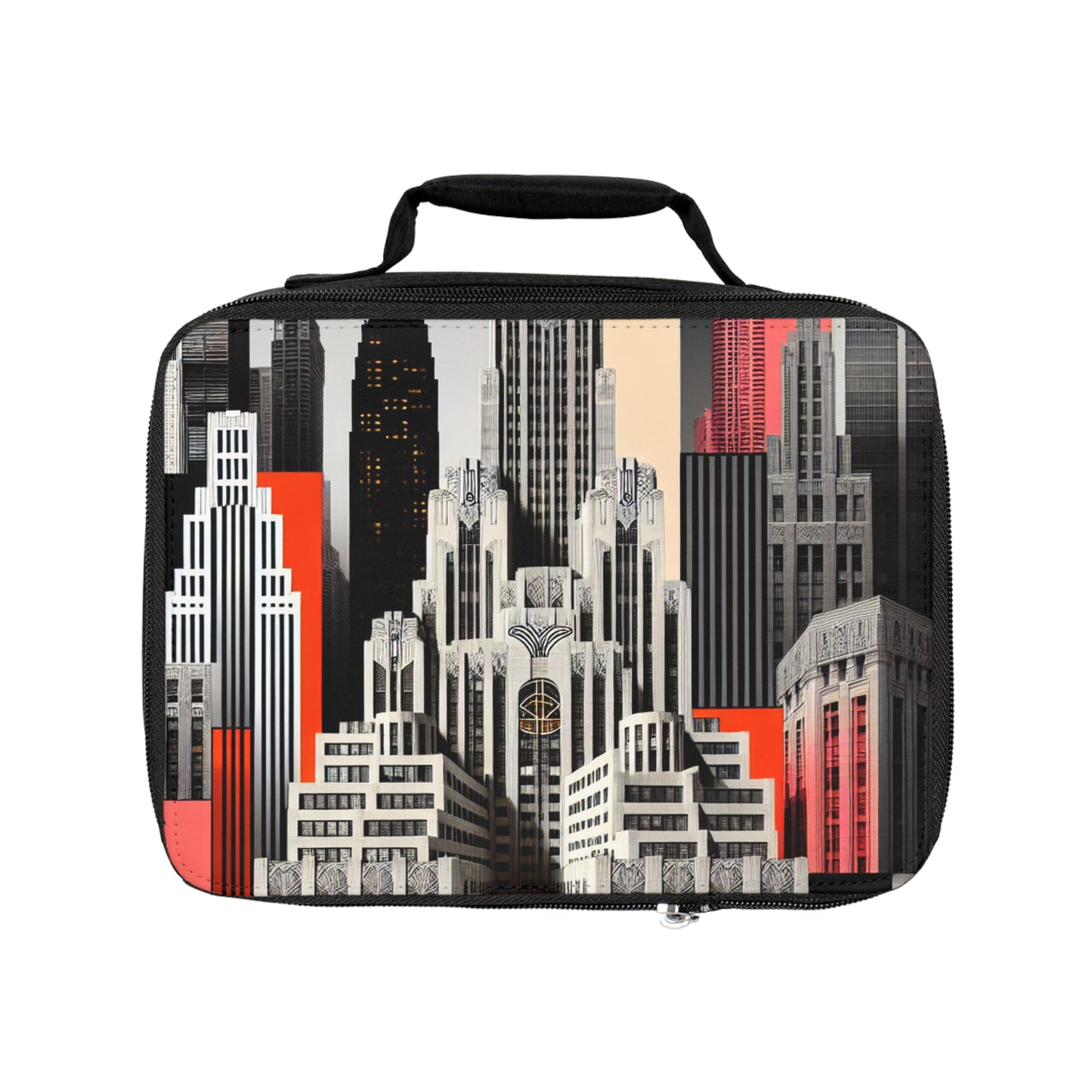 "A Contrast of Times: Classic Art Deco Skyscrapers and a Modern Cityscape" - The Alien Lunch Bag Art Deco Style