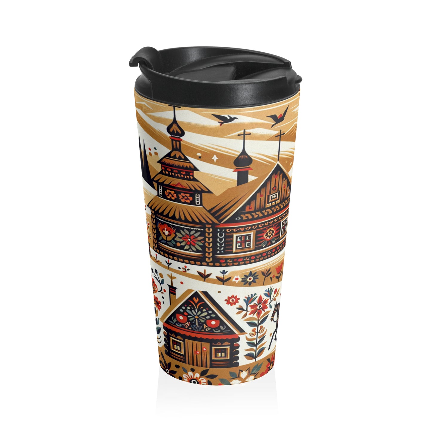 "Ukrainian Village Symphony: A Colorful Folk Art Reflection" - The Alien Stainless Steel Travel Mug Folk Art