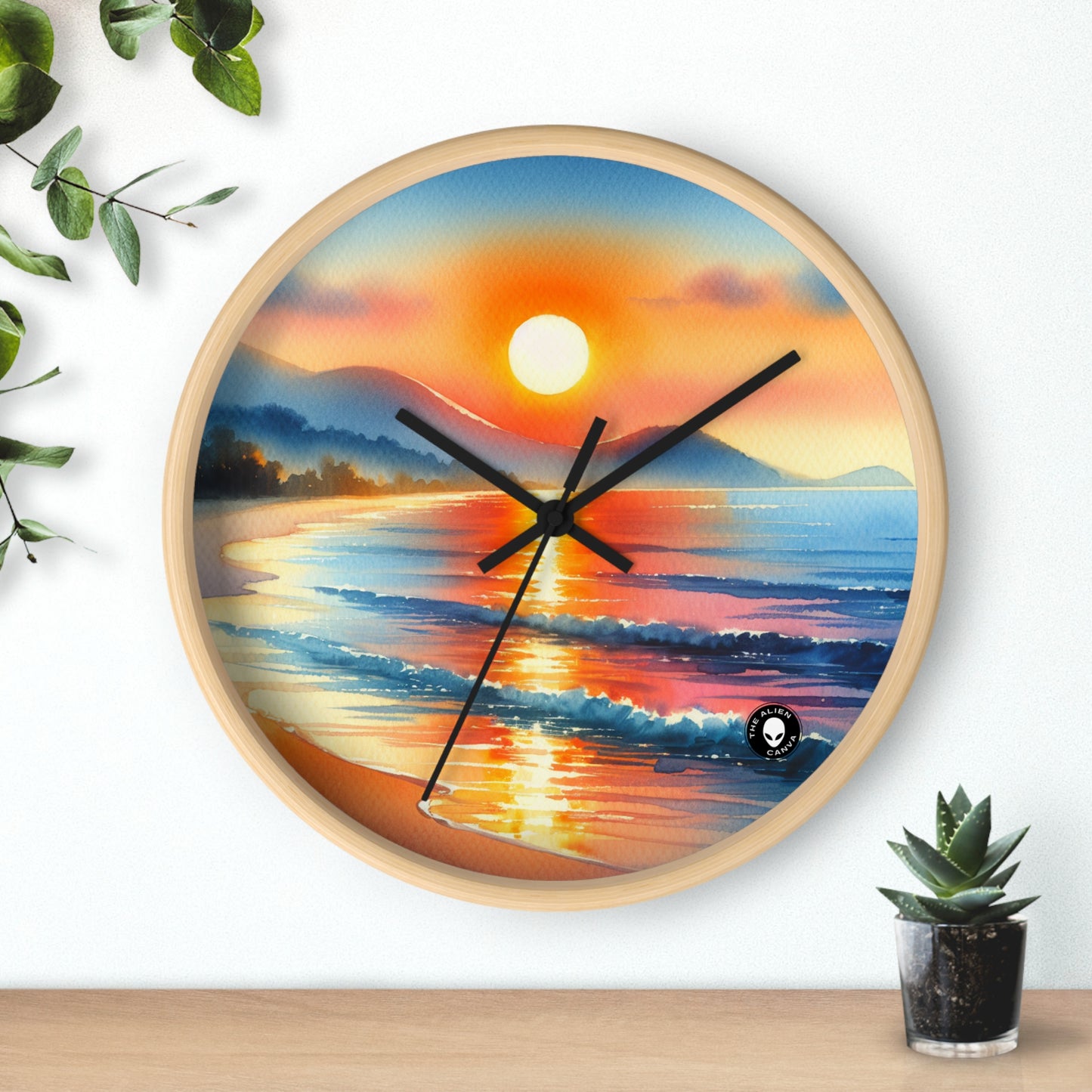 "Lever de soleil sur la plage" - La peinture à l'aquarelle de l'horloge murale extraterrestre