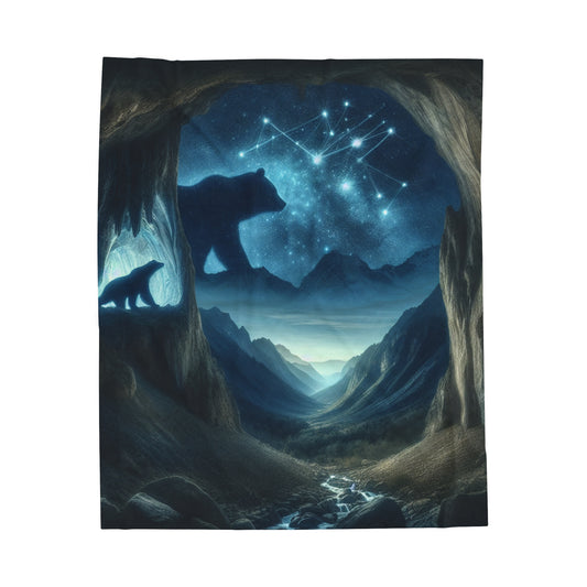 "El oso y el equilibrio cósmico" - El estilo de pintura rupestre de la manta de felpa de pana alienígena