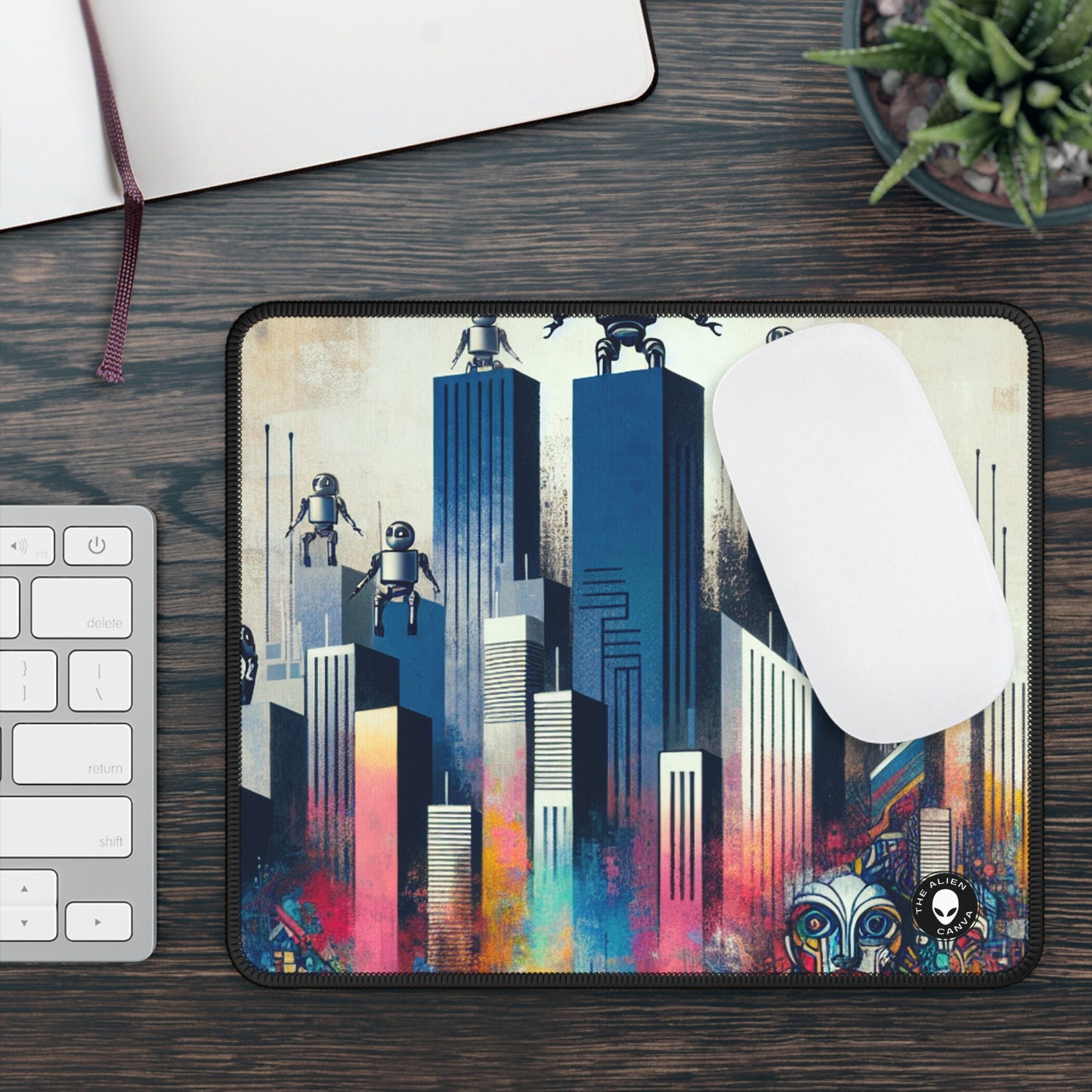 "Robotic Cityscape: A Futuristic Mural" - The Alien Gaming Mouse Pad Street Art / Graffiti