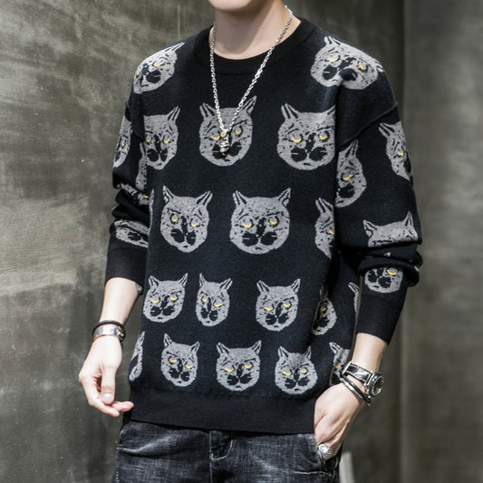 Men's Printed Sweater Fashionable Cat Autumn And Winter Personalized Casual Slim Sweater