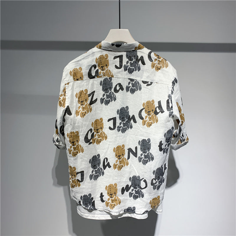 Short-sleeved Shirt Men's Linen Loose Lapel Bear Print Japanese Retro Men's Inch Shirt