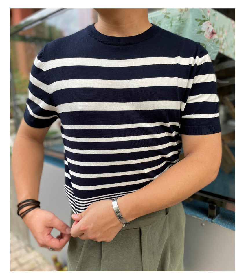 Men's Short-sleeved Polo Shirt Retro Gradient Striped Knitted T-shirt