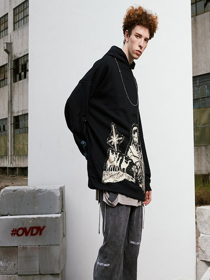 Loose Printed Pullover Plus Velvet Sweater Hip-hop Dark Black National Tide Jacket