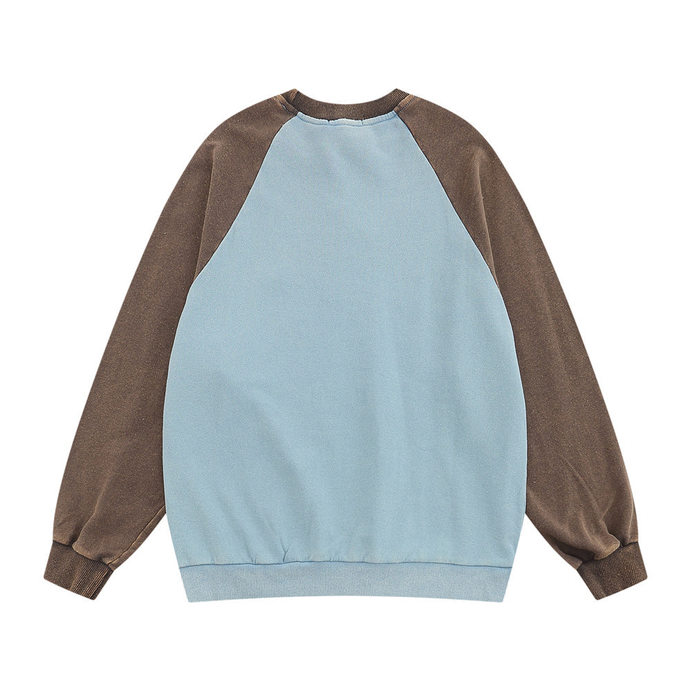 Letter Printed Round Neck Colorblock Sleeve Pullover Sweater