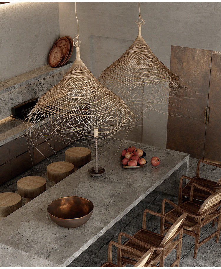 Rattan Chandelier At The Bedside Of Wabi Sabi B&B Study Room