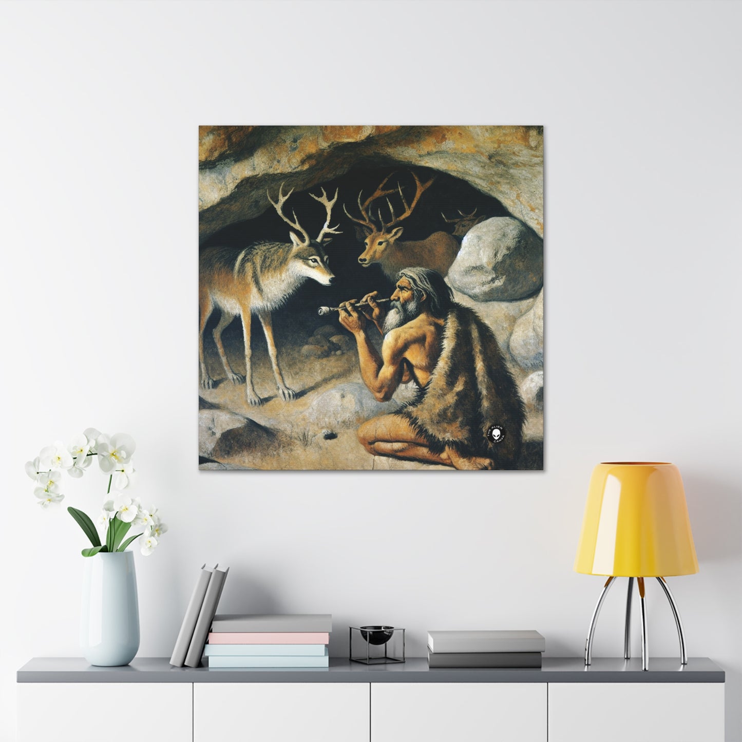 "Chasseur et loup : à la poursuite d'une proie." - La peinture rupestre Alien Canva