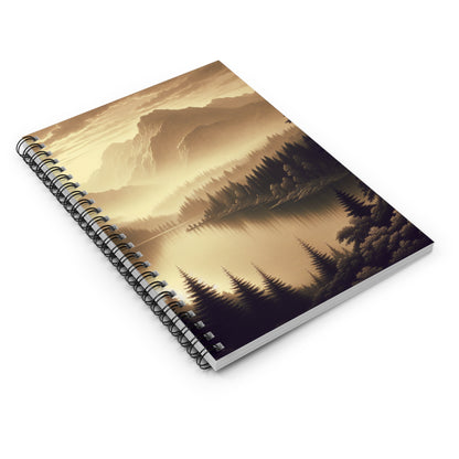 "Dawn at the Lake: A Foggy Mountain Morning" - The Alien Spiral Notebook (Ruled Line) Tonalism Style