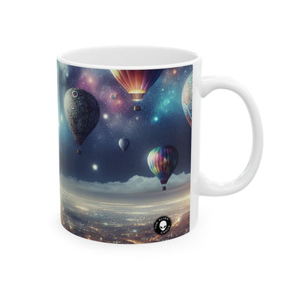 "Viaje nocturno estrellado: globos aerostáticos sobre la ciudad" - Taza de cerámica de 11 oz de The Alien