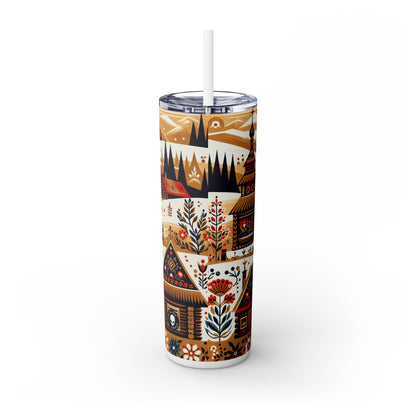 "Ukrainian Village Symphony: A Colorful Folk Art Reflection" - The Alien Maars® Skinny Tumbler with Straw 20oz Folk Art