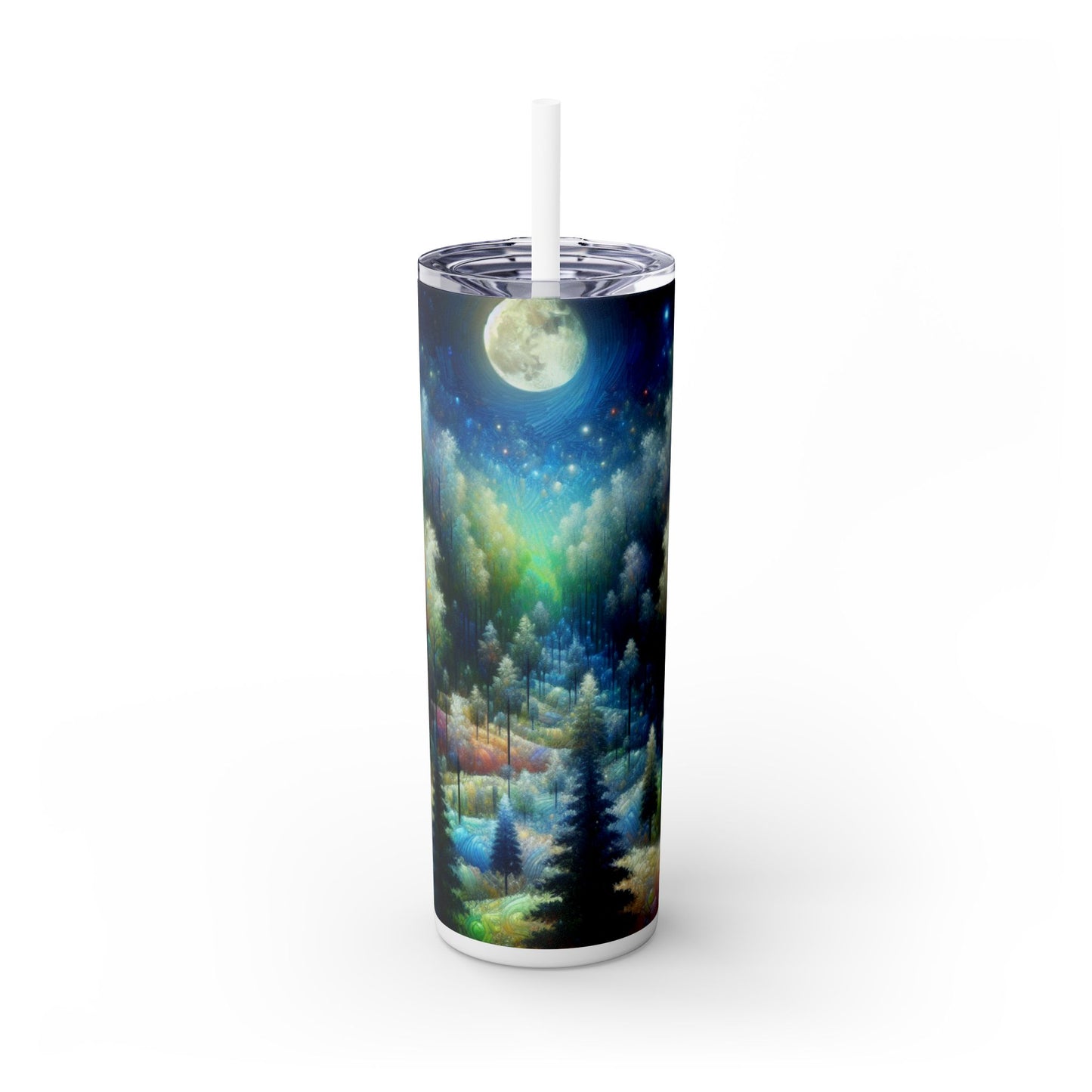 "Encantamiento iluminado por la luna: un bosque vibrante" - Vaso delgado con pajita de Alien Maars® de 20 oz