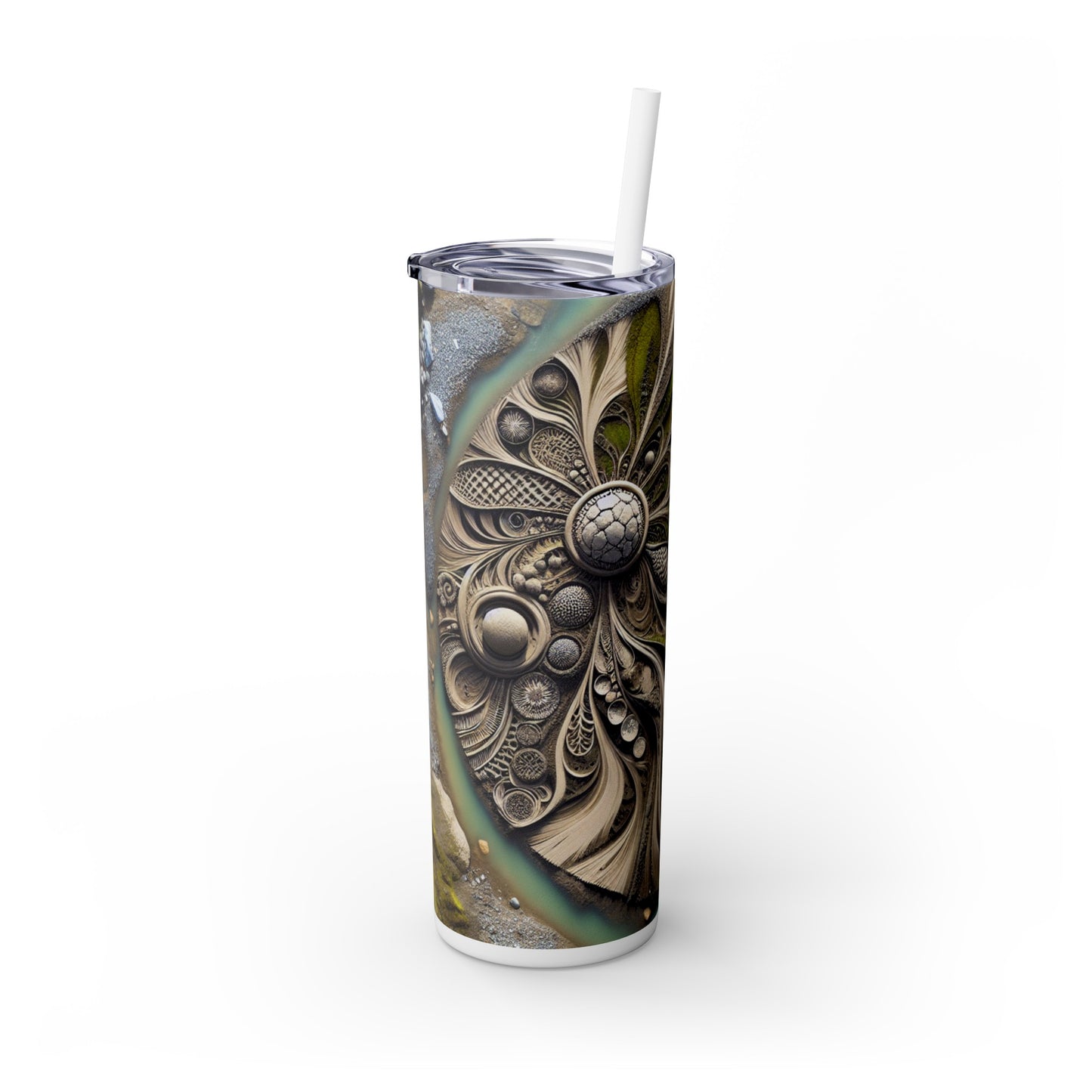 "Sandy Symphony: A Colorful Stone Mosaic on the Beach" - The Alien Maars® Skinny Tumbler with Straw 20oz Land Art