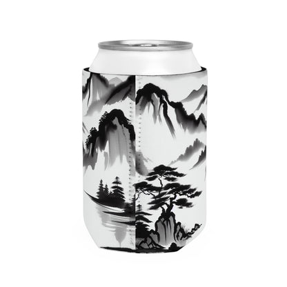 "Mountain Reflection: A Serene Zen Ink Painting" - The Alien Can Cooler Sleeve Zen Ink Painting