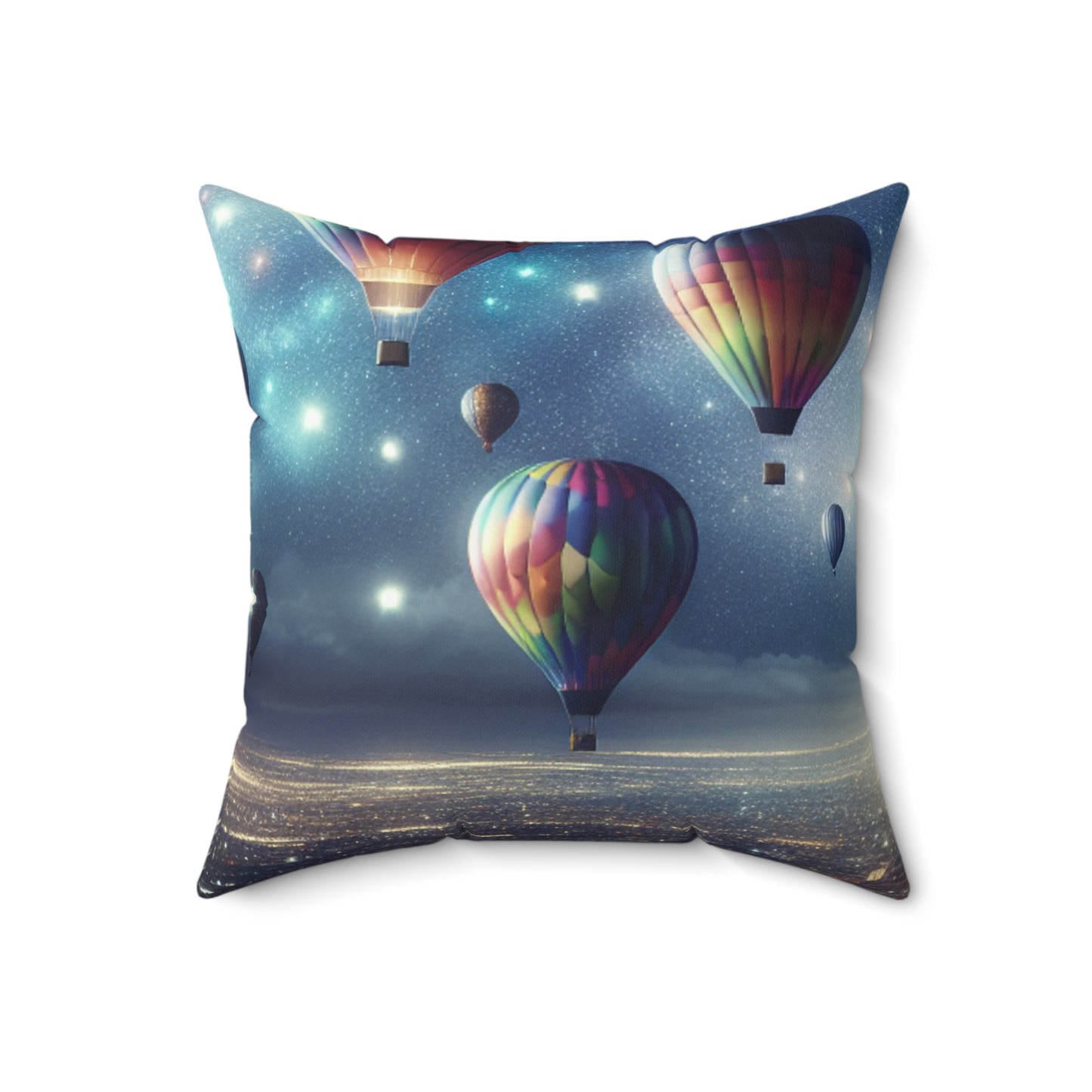 "Starry Night Voyage: Hot Air Balloons Over the City"- The Alien Spun Polyester Square Pillow