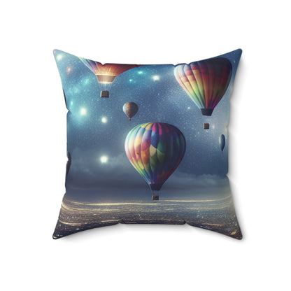 "Starry Night Voyage: Hot Air Balloons Over the City"- The Alien Spun Polyester Square Pillow