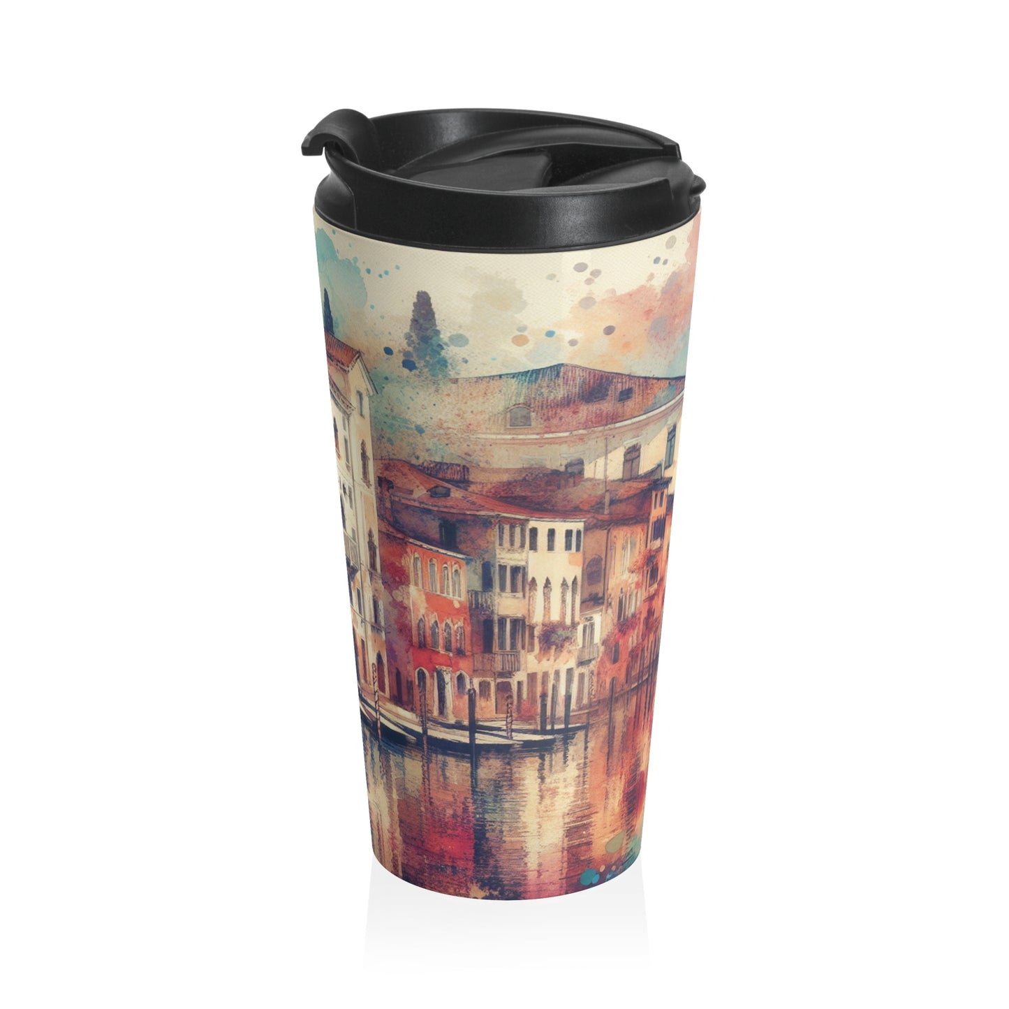 Tranquil Coast: A Serene Watercolor Sunset Painting - The Alien Stainless Steel Travel Mug Watercolor Painting