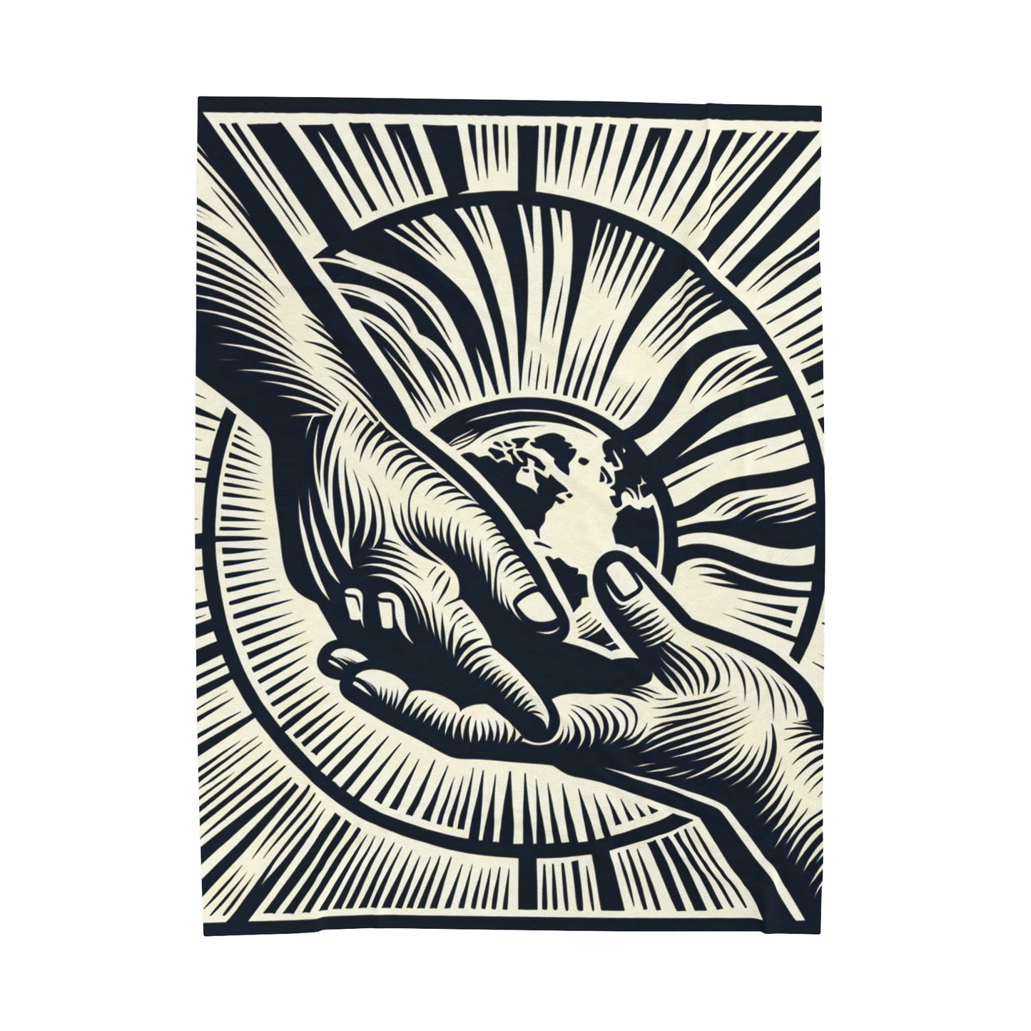 "Uniting Hands, Uniting Nations" - The Alien Velveteen Plush Blanket Woodcut Printing Style