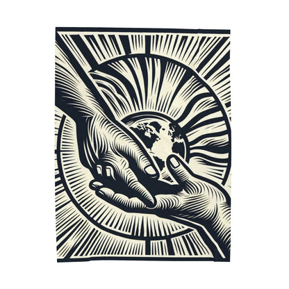 "Uniting Hands, Uniting Nations" - The Alien Velveteen Plush Blanket Woodcut Printing Style