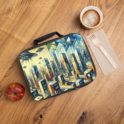 "Cubism in a Futuristic, Alien-Invaded City". - The Alien Lunch Bag A futristic city invaded by aliens in cubism art style