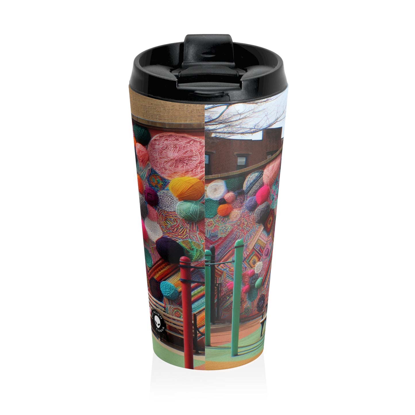 "Yarn of Joy: A Colorful Outdoor Mural" - The Alien Stainless Steel Travel Mug Yarn Bombing (Fiber Art)