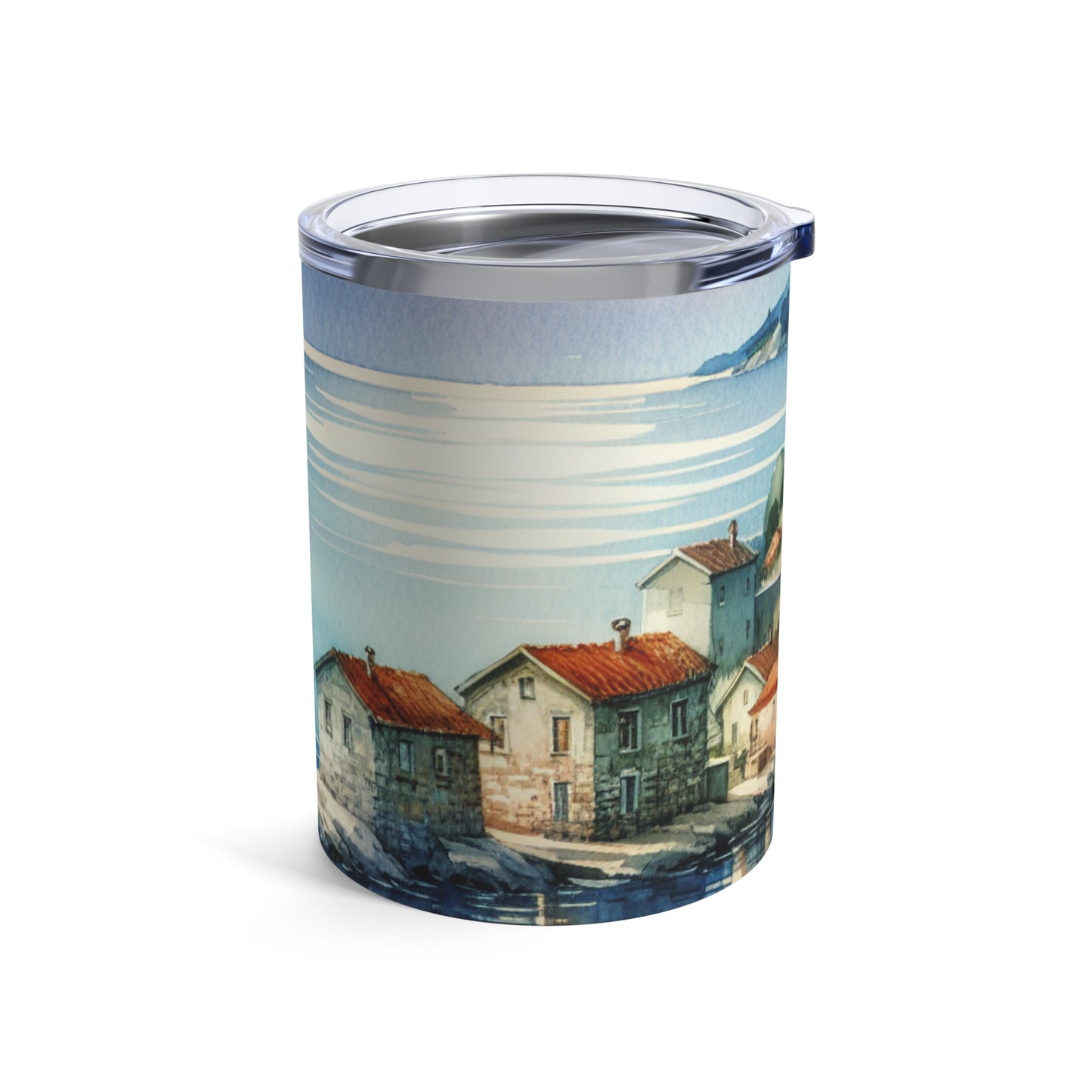 "Glimpse of a Seaside Haven" - The Alien Tumbler 10oz Watercolor Painting Style