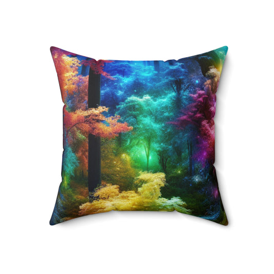 "Enchanted Rainbow Forest: Gateway to the Unseen Realm"- The Alien Spun Polyester Square Pillow