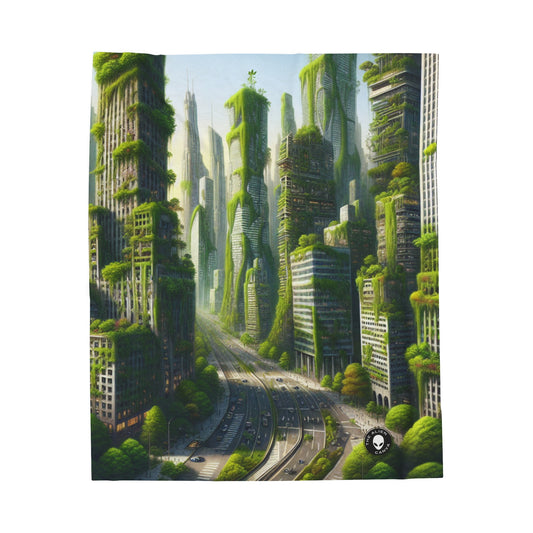 "Nature's Resurgence: A Futuristic Cityscape" - The Alien Velveteen Plush Blanket