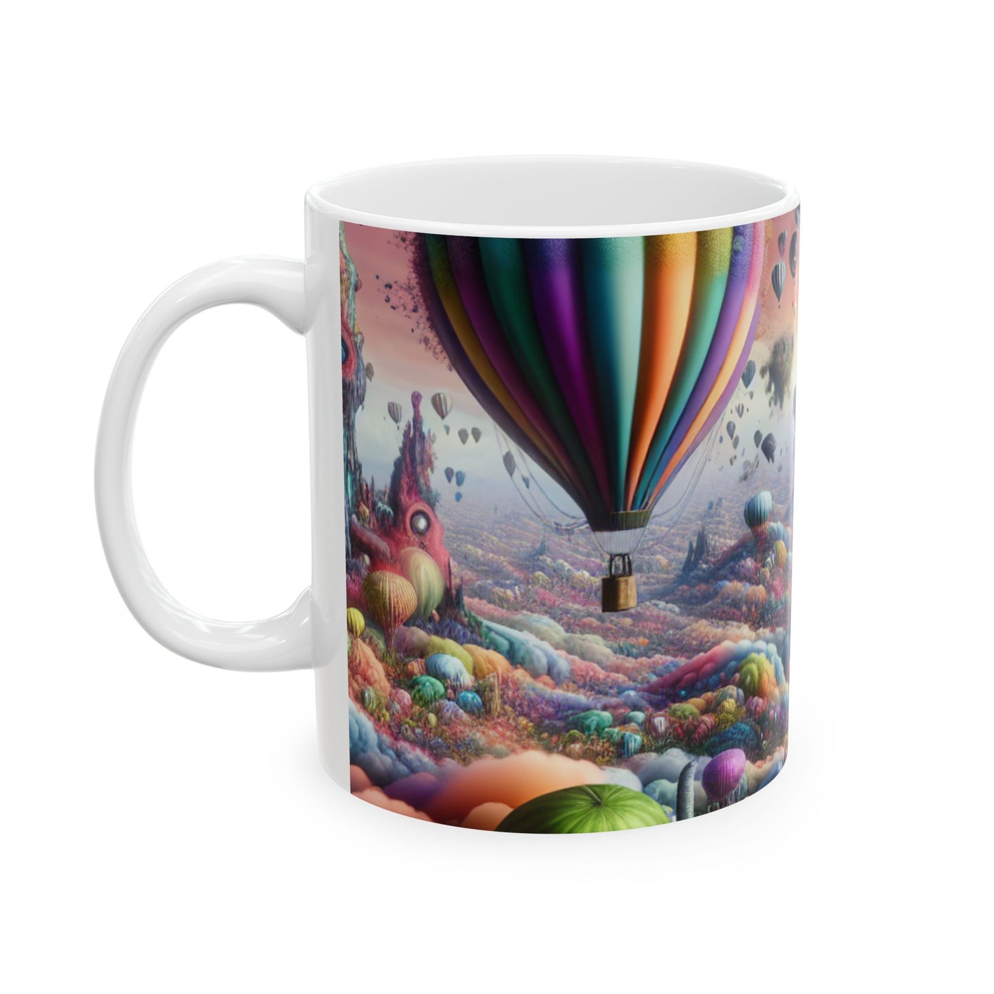 "Whimsical Sky: A Surreal Balloon Adventure" - Taza de cerámica de 11 oz de The Alien