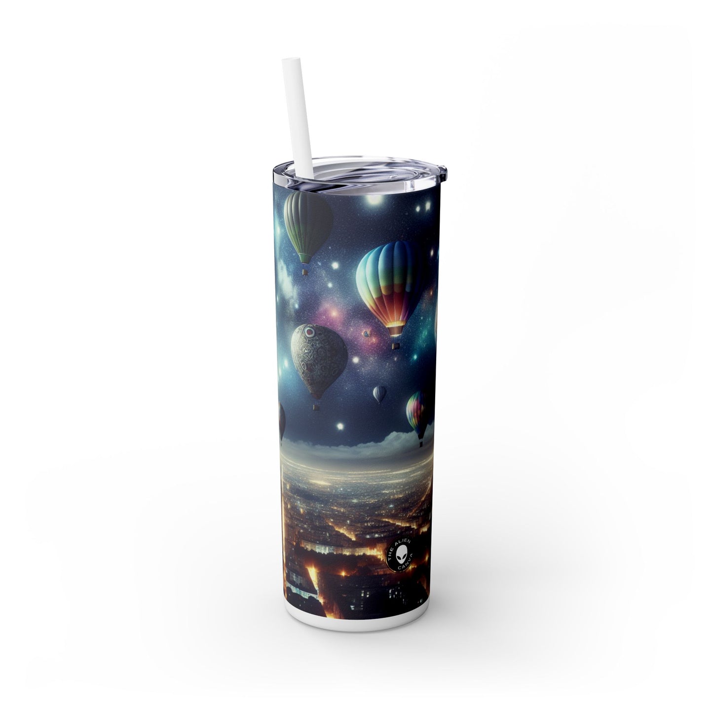 "Viaje nocturno estrellado: globos aerostáticos sobre la ciudad" - Vaso delgado con pajita de 20 oz de Alien Maars®