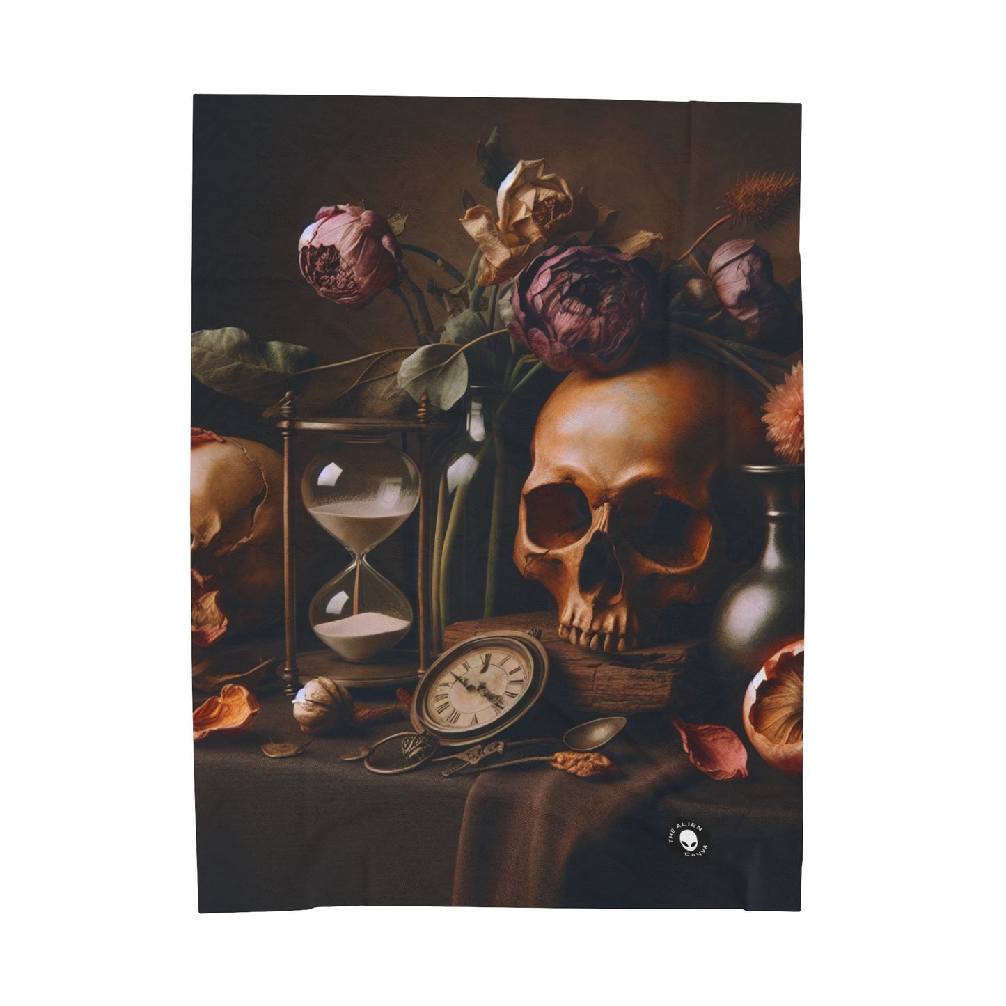 "Belleza fugaz: una vibrante pintura de Vanitas que representa el paso del tiempo y la naturaleza transitoria de la vida" - The Alien Velveteen Plush Blanket Vanitas Painting