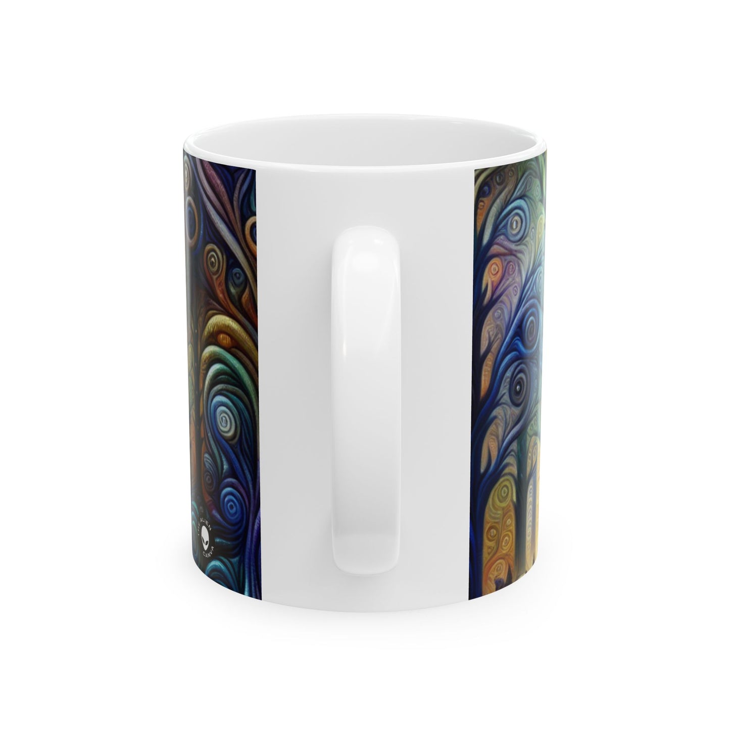 "Bosque arcoíris encantado": taza de cerámica alienígena de 11 oz