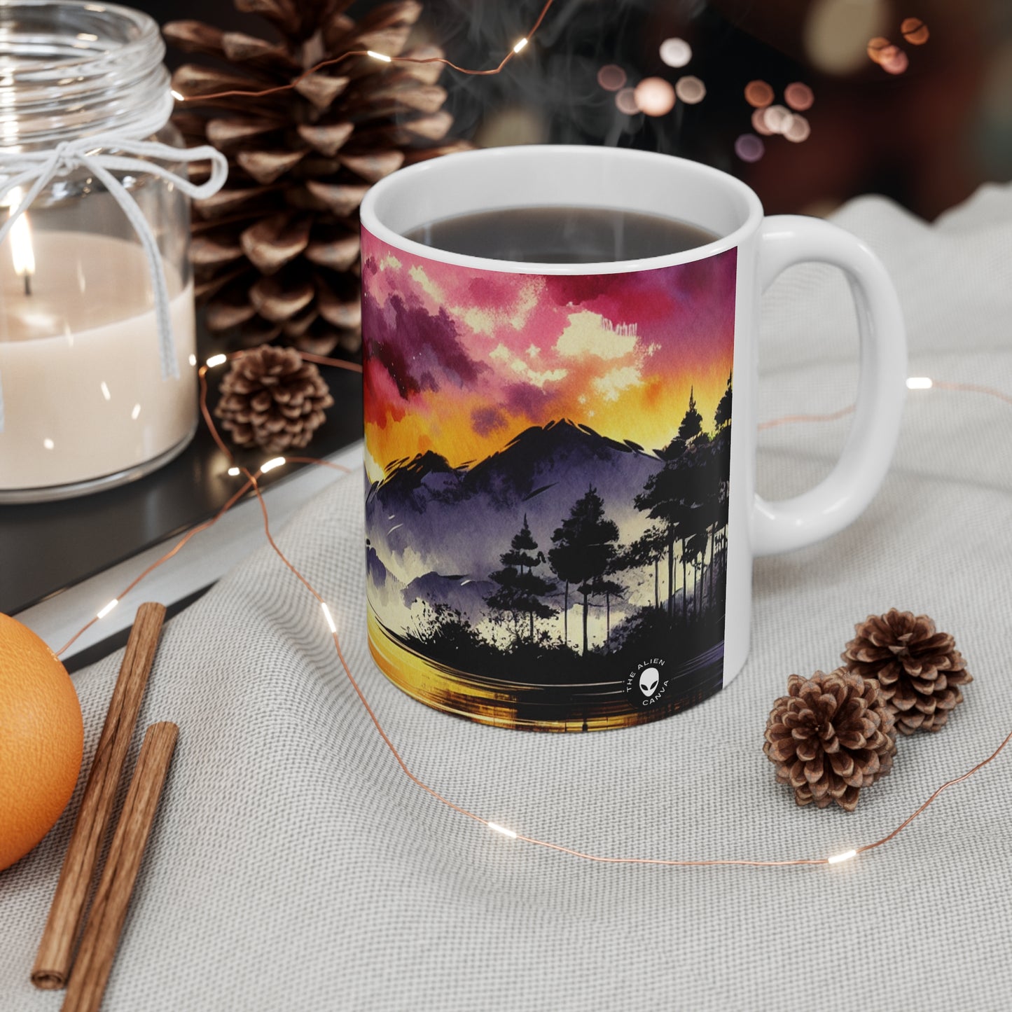 "A Pastel Sunset Symphony" - Taza de cerámica alienígena con pintura de lavado de tinta de 11 oz