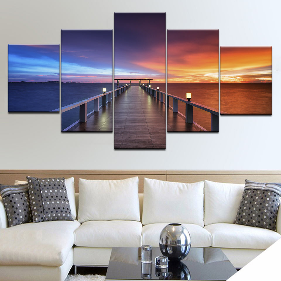 Póster de pared impreso, decoración del hogar, hermosa puesta de sol, puente, pintura de paisaje natural, imágenes de lago