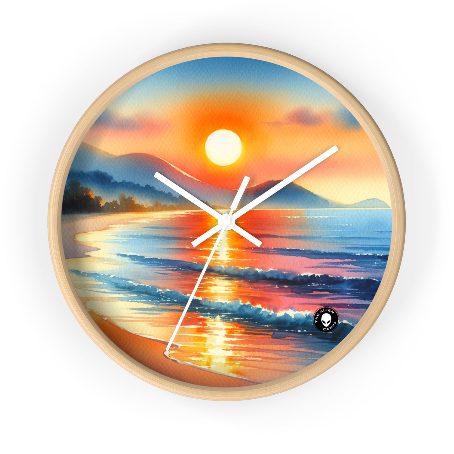 "Amanecer en la playa" - El reloj de pared alienígena Pintura en acuarela