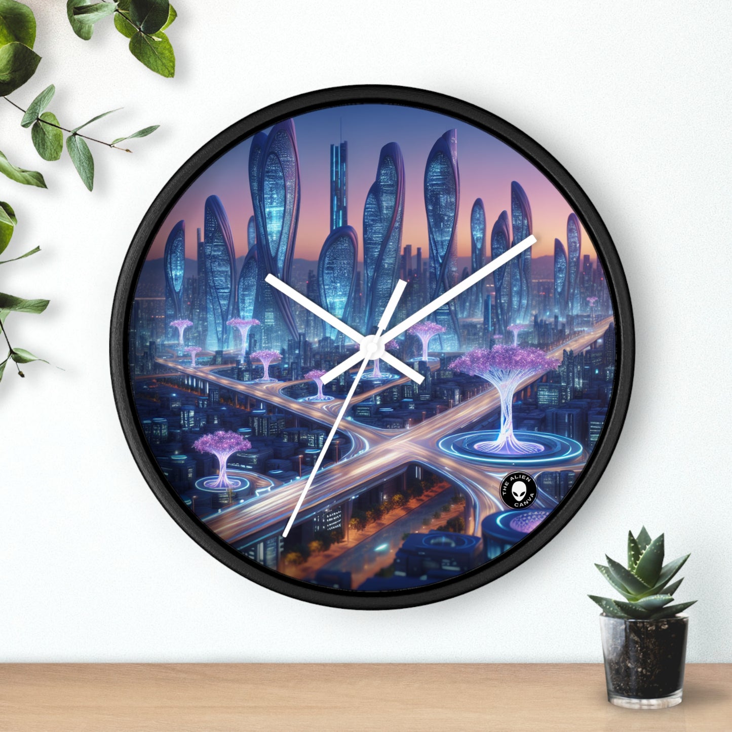 "La ciudad del mañana: naturaleza y tecnología entrelazadas" - El reloj de pared extraterrestre