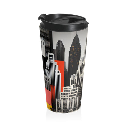 "Un contraste des temps : des gratte-ciel Art déco classiques et un paysage urbain moderne" - La tasse de voyage Alien en acier inoxydable de style Art déco