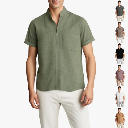 Chemise à revers à manches courtes de couleur unie Haut d'été en coton et lin respirant Vêtements pour hommes