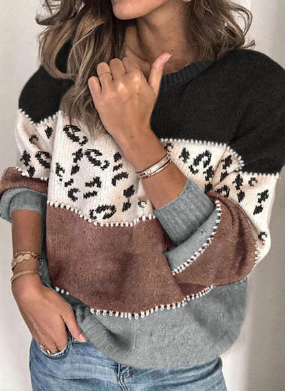 Leopard Print Stitching Fashion Knitted Sweater