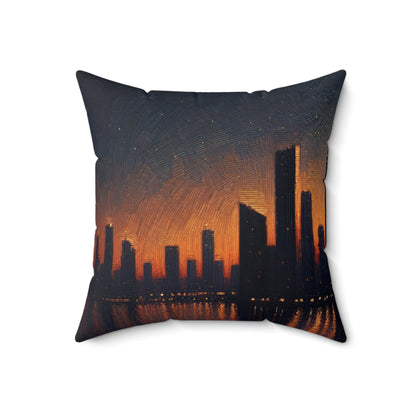 "The City Aglow" - La almohada cuadrada de poliéster hilado alienígena estilo postimpresionista