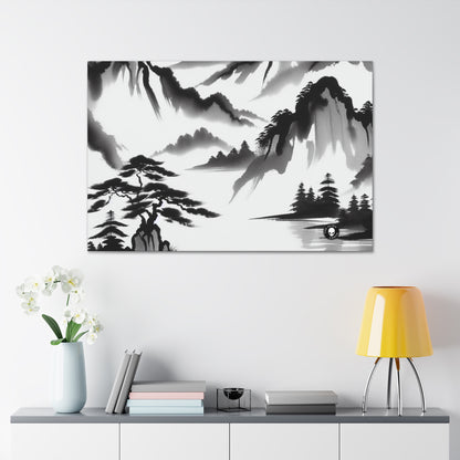 "Mountain Reflection: A Serene Zen Ink Painting" - The Alien Canva Zen Ink Painting