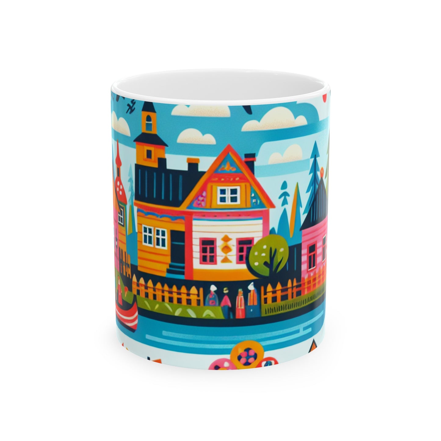 "Whimsical Village: A Folk Art Fairytale" - La taza de cerámica alienígena 11oz Folk Art