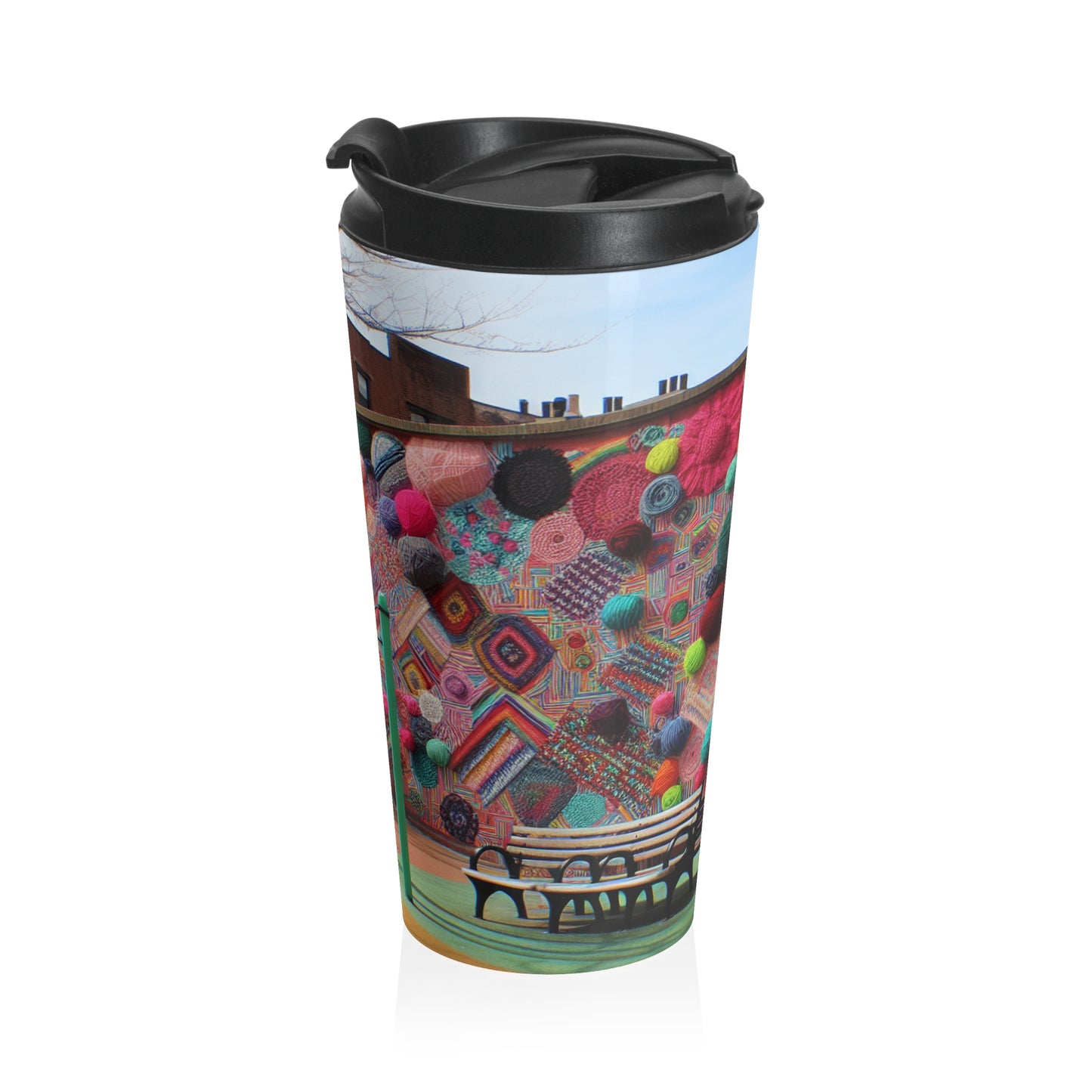 "Yarn of Joy: A Colorful Outdoor Mural" - The Alien Stainless Steel Travel Mug Yarn Bombing (Fiber Art)