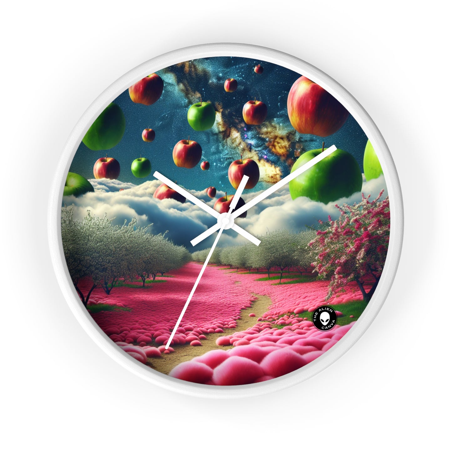 « Ciel de pomme et tapis de fleurs roses : un paysage surréaliste » - L'horloge murale Alien