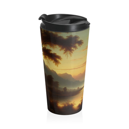 "Misty Morning: Serene Tonalism on a Tranquil Lake" - The Alien Stainless Steel Travel Mug Tonalism