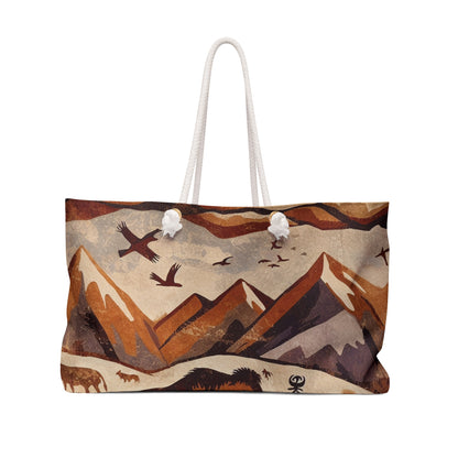 Title: "Ancient Encounter: The Battle of Giants" - The Alien Weekender Bag Cave Painting